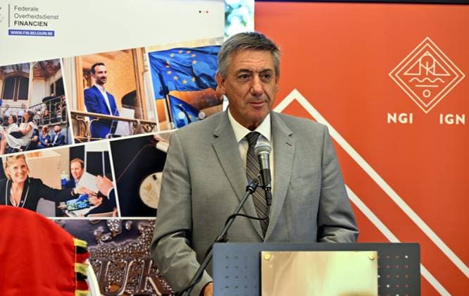 RECORD DATE NOT STATED Vice prime minister Jan Jambon pictured during the unveiling of the Belgian 2-euro coin to mark the 50th anniversary of the National Geographic Institute (IGN) and the 200th anniversary of the Royal Observatory of Belgium (ORB), in Brussels, on Friday 25 September 2026.  ERICxLALMAND 187799287
