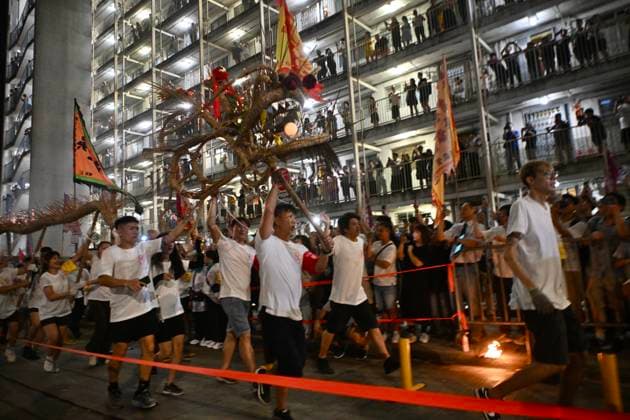 RECORD DATE NOT STATED Hong Kong Pok Fu Lam Village Fire Dragon 2026 Performers performing the fire dragon dance in Wah Fu Estate at Mid-autumn Festival on September 25, 2026 in Hong Kong. (Photo by Kobe Li Nexpher Images) Hong Kong