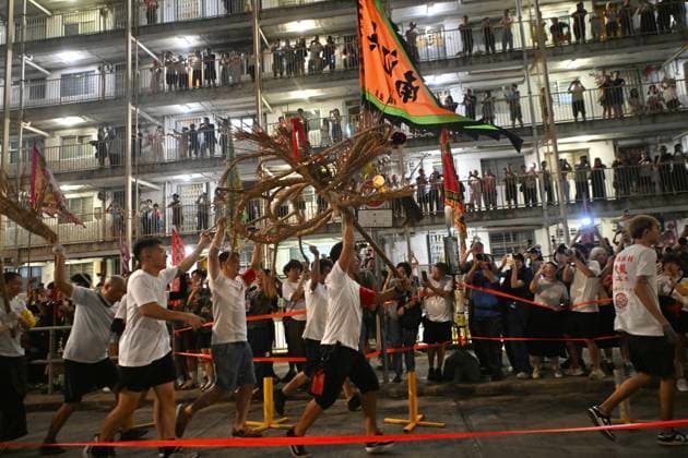 RECORD DATE NOT STATED Hong Kong Pok Fu Lam Village Fire Dragon 2026 Performers performing the fire dragon dance in Wah Fu Estate at Mid-autumn Festival on September 25, 2026 in Hong Kong. (Photo by Kobe Li Nexpher Images) Hong Kong