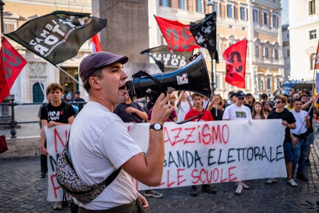 September 25, 2026, Rome, Rm, Italy: Students are taking to the streets to march on Montecitorio - Chamber of Deputies - to protest the new school decree-law issued yesterday by the Meloni government, arguing that the real issues facing schools lie elsewhere. Students call it the Racism Decree because it establishes, among other things, a cap on the number of foreign students per class and bans the wearing of the niqab and burqa during lessons. No to the Racism Decree. Less election campaigning, more funding for schools reads the banner. Rome Italy - ZUMAg256 20260925_znp_g256_009 Copyright: xMarcoxDixGianvitox