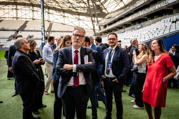 Artificial Intelligence Summit - Marseille Xavier Bertrand (L), Olivier Faure (center) and Sarah Knafo (R) pictured before a presidential campaign debate around AI, during second day of Artificial Intelligence Marseille (AIM), a summit concerning AI in stade CEPAC Velodrome de Marseille, France on September 25, 2026. Photo by Laurent Coust ABACAPRESS.COM MARSEILLE France  Copyright: xCoustxLaurent ABACAx