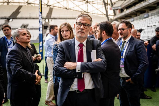 Artificial Intelligence Summit - Marseille Olivier Faure (center) pictured before a presidential campaign debate around AI, during second day of Artificial Intelligence Marseille (AIM), a summit concerning AI in stade CEPAC Velodrome de Marseille, France on September 25, 2026. Photo by Laurent Coust ABACAPRESS.COM MARSEILLE France  Copyright: xCoustxLaurent ABACAx
