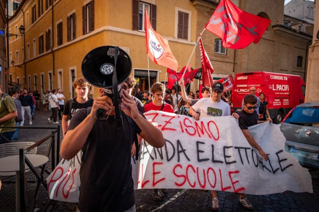 September 25, 2026, Rome, Rm, Italy: Students are taking to the streets to march on Montecitorio - Chamber of Deputies - to protest the new school decree-law issued yesterday by the Meloni government, arguing that the real issues facing schools lie elsewhere. Students call it the Racism Decree because it establishes, among other things, a cap on the number of foreign students per class and bans the wearing of the niqab and burqa during lessons. No to the Racism Decree. Less election campaigning, more funding for schools reads the banner. Rome Italy  - ZUMAg256 20260925_znp_g256_001 Copyright: xMarcoxDixGianvitox
