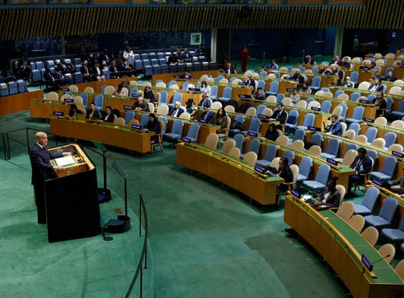 Prime Minister of Pakistan Muhammad Shehbaz Sharif speaks at the UN General Assembly 81st session General Debate in UN General Assembly Hall at the United Nations Headquarters on Friday, September 25, 2026 in New York City.  NYP20260925120 JOHNxANGELILLO