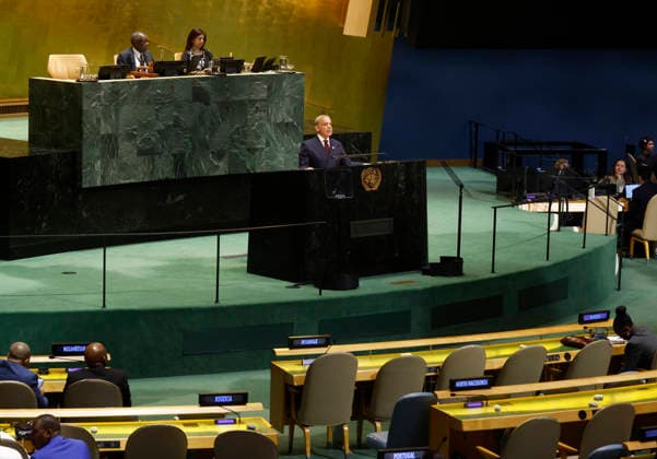 Prime Minister of Pakistan Muhammad Shehbaz Sharif speaks at the UN General Assembly 81st session General Debate in UN General Assembly Hall at the United Nations Headquarters on Friday, September 25, 2026 in New York City.  NYP20260925150 JOHNxANGELILLO