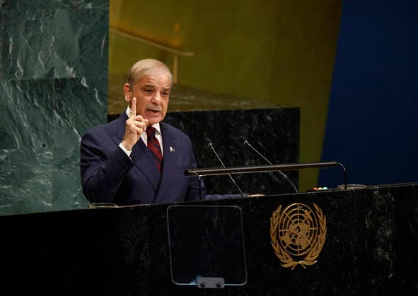 Prime Minister of Pakistan Muhammad Shehbaz Sharif speaks at the UN General Assembly 81st session General Debate in UN General Assembly Hall at the United Nations Headquarters on Friday, September 25, 2026 in New York City.  NYP20260925151 JOHNxANGELILLO