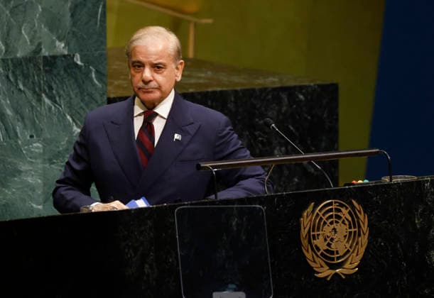 Prime Minister of Pakistan Muhammad Shehbaz Sharif speaks at the UN General Assembly 81st session General Debate in UN General Assembly Hall at the United Nations Headquarters on Friday, September 25, 2026 in New York City.  NYP20260925157 JOHNxANGELILLO