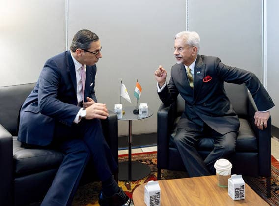 RECORD DATE NOT STATED EAM S. Jaishankar meets Cyprus FM Constantinos Kombos New York U.S. , Sep 25 (ANI): External Affairs Minister S. Jaishankar meets Cyprus Foreign Minister Constantinos Kombos on the sidelines of the 81st United Nations General Assembly (UNGA81), in New York on Friday. (@DrSJaishankar X ANI Photo) New York USA Copyright: xANIx ANI_20260925447