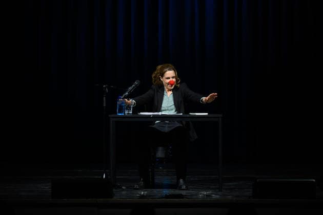 Christine Prayon at the Kulturbeutel Festival in Speyer, Speyer, Germany, September 25, 2026. Comedian Christine Prayon, wearing a red clown nose and with her arms outstretched, during her show Farewell Tour at the opening of the Kulturbeutel Festival in the Alter Stadtsaal.