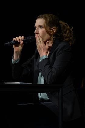 Christine Prayon at the Kulturbeutel Festival in Speyer, Speyer, Germany, September 25, 2026. Cabaret artist Christine Prayon with her hand over her mouth during her show Abschiedstour at the opening of the Kulturbeutel Festival in the Alter Stadtsaal.