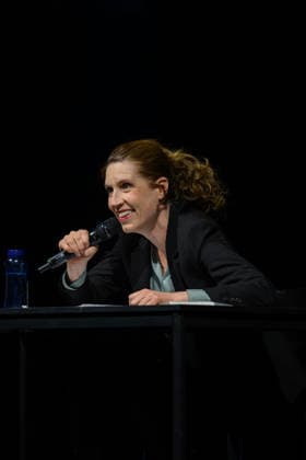 Christine Prayon at the Kulturbeutel Festival in Speyer, Speyer, Germany, September 25, 2026. Comedian Christine Prayon laughs at the microphone during her Farewell Tour show at the opening of the Kulturbeutel Festival in the Alter Stadtsaal.