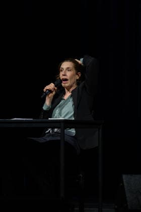 Christine Prayon at the Kulturbeutel Festival in Speyer, Speyer, Germany, September 25, 2026: Comedian Christine Prayon with her hand on her head during her Farewell Tour show at the opening of the Kulturbeutel Festival in the Alter Stadtsaal