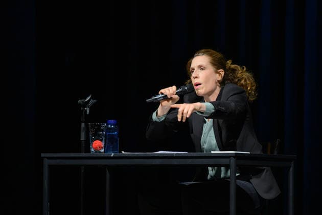 Christine Prayon at the Kulturbeutel Festival in Speyer, Speyer, Germany, September 25, 2026: Comedian Christine Prayon gestures toward the audience during her Farewell Tour show at the opening of the Kulturbeutel Festival in the Alter Stadtsaal