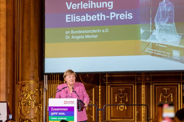 Augsburg, Bavaria, Germany September 25, 2026: Former Chancellor Angela Merkel (CDU) at the Caritas Elisabeth Prize award ceremony in the Golden Hall of Augsburg City Hall. Former Chancellor Angela Merkel delivers a speech