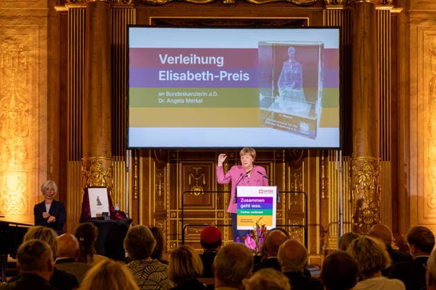 Augsburg, Bavaria, Germany September 25, 2026: Former Chancellor Angela Merkel (CDU) at the Caritas Elisabeth Prize award ceremony in the Golden Hall of Augsburg City Hall. Former Chancellor Angela Merkel delivers a speech