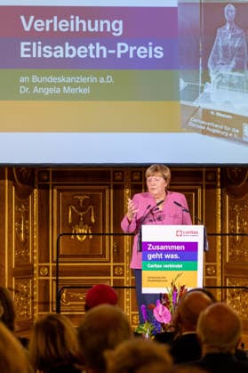 Augsburg, Bavaria, Germany September 25, 2026: Former Chancellor Angela Merkel (CDU) at the Caritas Elisabeth Prize award ceremony in the Golden Hall of Augsburg City Hall. Former Chancellor Angela Merkel delivers a speech