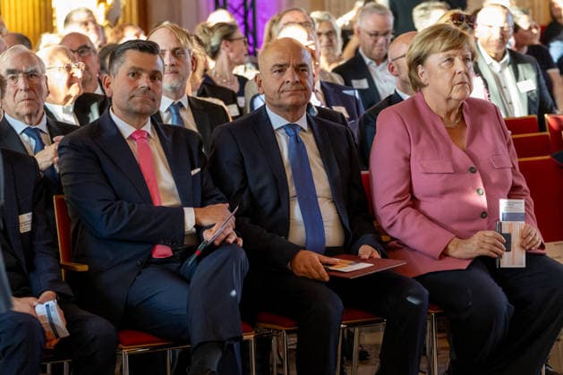 Augsburg, Bavaria, Germany September 25, 2026: Former German Chancellor Angela Merkel (CDU) at the Caritas Elisabeth Prize award ceremony in the Golden Hall of Augsburg City Hall. Mayor of Augsburg Dr. Florian Freund (SPD), Caritas Director Markus Müller, and Dr. Angela Merkel (CDU)