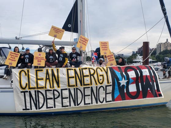 September 25, 2026, Manhattan, New York, U.S.A: New York, New York September 25, 2026..Casa Pueblo protests climate change and wants clean energy. They sailed around Manhattan stopping at Con Edison plant and Big Alice plant in Queens, They cruised by the United Nations and the final stop was in front of the Statue of Liberty.. Clean Energy Now Manhattan U.S.A - ZUMAc272 20260925_znp_c272_003 Copyright: xEmilyxCotlerx