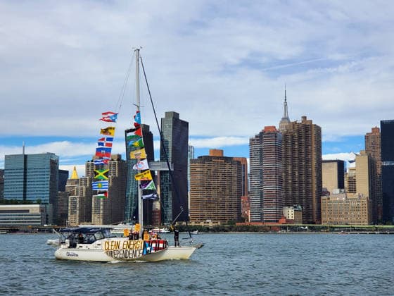 September 25, 2026, Manhattan, New York, U.S.A: New York, New York September 25, 2026..Casa Pueblo protests climate change and wants clean energy. They sailed around Manhattan stopping at Con Edison plant and Big Alice plant in Queens, They cruised by the United Nations and the final stop was in front of the Statue of Liberty.. Clean Energy Now Manhattan U.S.A - ZUMAc272 20260925_znp_c272_005 Copyright: xEmilyxCotlerx