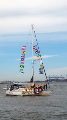September 25, 2026, Manhattan, New York, U.S.A: New York, New York September 25, 2026..Casa Pueblo protests climate change and wants clean energy. They sailed around Manhattan stopping at Con Edison plant and Big Alice plant in Queens, They cruised by the United Nations and the final stop was in front of the Statue of Liberty.. Clean Energy Now Manhattan U.S.A - ZUMAc272 20260925_znp_c272_008 Copyright: xEmilyxCotlerx