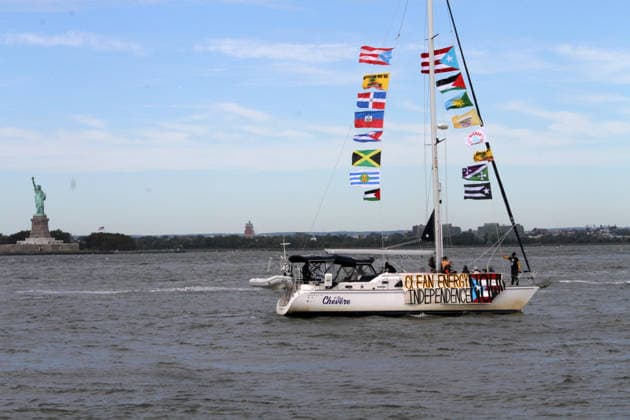 September 25, 2026, Manhattan, New York, U.S.A: New York, New York September 25, 2026..Casa Pueblo protests climate change and wants clean energy. They sailed around Manhattan stopping at Con Edison plant and Big Alice plant in Queens, They cruised by the United Nations and the final stop was in front of the Statue of Liberty.. Clean Energy Now Manhattan U.S.A - ZUMAc272 20260925_znp_c272_010 Copyright: xEmilyxCotlerx