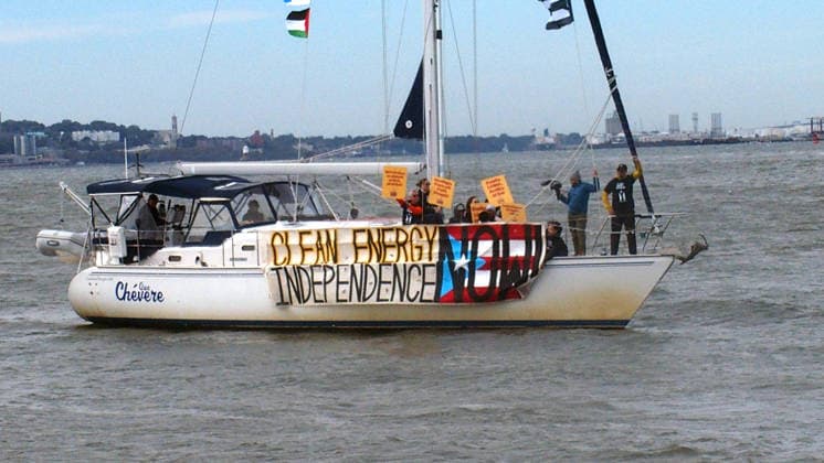 September 25, 2026, Manhattan, New York, U.S.A: New York, New York September 25, 2026..Casa Pueblo protests climate change and wants clean energy. They sailed around Manhattan stopping at Con Edison plant and Big Alice plant in Queens, They cruised by the United Nations and the final stop was in front of the Statue of Liberty.. Clean Energy Now Manhattan U.S.A - ZUMAc272 20260925_znp_c272_012 Copyright: xEmilyxCotlerx