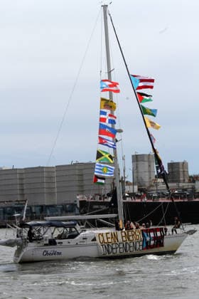 September 25, 2026, Manhattan, New York, U.S.A: New York, New York September 25, 2026..Casa Pueblo protests climate change and wants clean energy. They sailed around Manhattan stopping at Con Edison plant and Big Alice plant in Queens, They cruised by the United Nations and the final stop was in front of the Statue of Liberty.. Clean Energy Now Manhattan U.S.A - ZUMAc272 20260925_znp_c272_014 Copyright: xEmilyxCotlerx