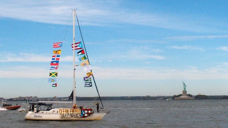 September 25, 2026, Manhattan, New York, U.S.A: New York, New York September 25, 2026..Casa Pueblo protests climate change and wants clean energy. They sailed around Manhattan stopping at Con Edison plant and Big Alice plant in Queens, They cruised by the United Nations and the final stop was in front of the Statue of Liberty.. Clean Energy Now Manhattan U.S.A - ZUMAc272 20260925_znp_c272_015 Copyright: xEmilyxCotlerx
