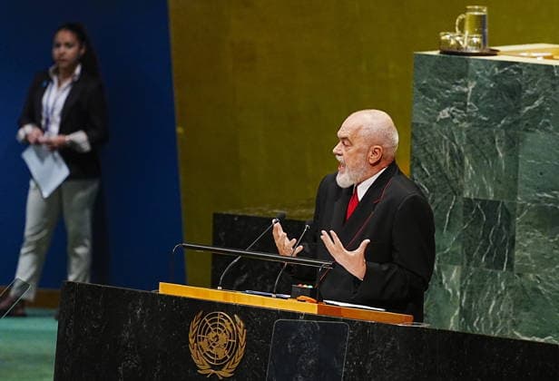 81st United Nations General Assembly NEW YORK, UNITED STATES - SEPTEMBER 25: Edi Rama, Prime Minister of Albania, delivers a speech during the 81st United Nations General Assembly (UNGA) in New York, United States, on September 25, 2026. Selcuk Acar Anadolu New York United States. Editorial use only. Please get in touch for any other usage.  Copyright: x2026xAnadoluxSelcukxAcarx
