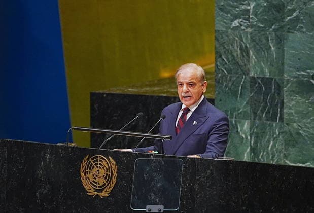 81st United Nations General Assembly NEW YORK, UNITED STATES - SEPTEMBER 25: Muhammad Shehbaz Sharif, Prime Minister of Pakistan, delivers a speech during the 81st United Nations General Assembly (UNGA) in New York, United States, on September 25, 2026. Selcuk Acar Anadolu New York United States. Editorial use only. Please get in touch for any other usage.  Copyright: x2026xAnadoluxSelcukxAcarx