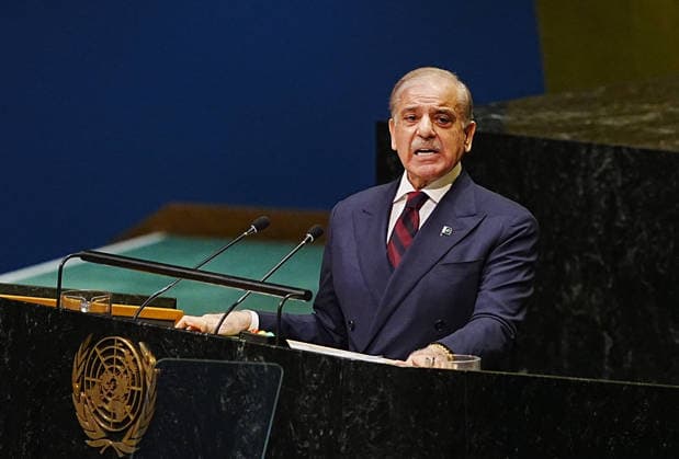 81st United Nations General Assembly NEW YORK, UNITED STATES - SEPTEMBER 25: Muhammad Shehbaz Sharif, Prime Minister of Pakistan, delivers a speech during the 81st United Nations General Assembly (UNGA) in New York, United States, on September 25, 2026. Selcuk Acar Anadolu New York United States. Editorial use only. Please get in touch for any other usage.  Copyright: x2026xAnadoluxSelcukxAcarx