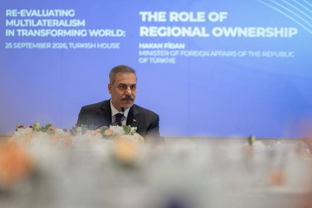 Turkish Foreign Minister Hakan Fidan NEW YORK, UNITED STATES - SEPTEMBER 25: Turkish Foreign Minister Hakan Fidan delivers opening remarks and answers questions during the session titled Re-evaluating Multilateralism in a Transforming World: The Role of Regional Ownership, held with representatives of leading US think tanks and academics on the sidelines of the high-level week of the 81st United Nations General Assembly in New York, United States, on September 25, 2026. Mustafa Hatipoglu Anadolu New York United States. Editorial use only. Please get in touch for any other usage.  Copyright: x2026xAnadoluxMustafaxHatipoglux