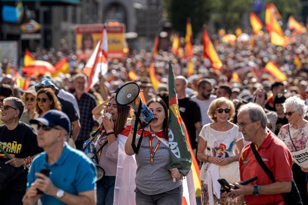 Protest in central Madrid against Prime Minister Pedro Sanchez MADRID, SPAIN - SEPTEMBER 26: Thousands of people march through central Madrid calling for the resignation of Spanish Prime Minister Pedro Sanchez and demanding an early general election, while protesting the government’s handling of the ongoing migration crisis in Ceuta, Spain, on September 26, 2026. Diego Radames Anadolu Madrid Spain. Editorial use only. Please get in touch for any other usage.  Copyright: x2026xAnadoluxDiegoxRadamesx