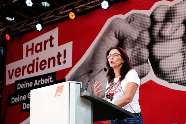 Yasmin Fahimi, chairwoman of the German Trade Union Federation (DGB), photo taken on September 26, 2026, is advocating for reforms in Germany Copyright: epd-bild FriedrichxStark epd-DBG_Demo_Essen3 - Kopieren
