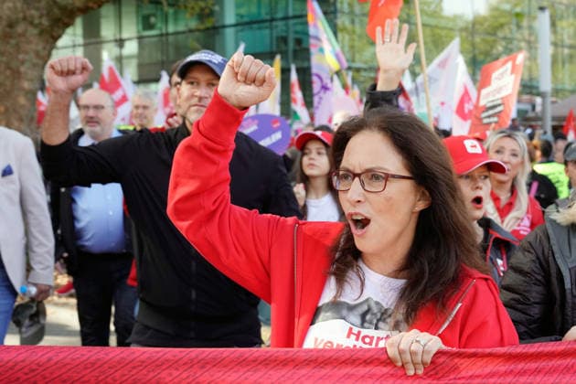 Yasmin Fahimi, chairwoman of the German Trade Union Federation (DGB), at the DGB protest Copyright: epd-bild FriedrichxStark epd-DBG_Demo_Essen5 - Kopieren