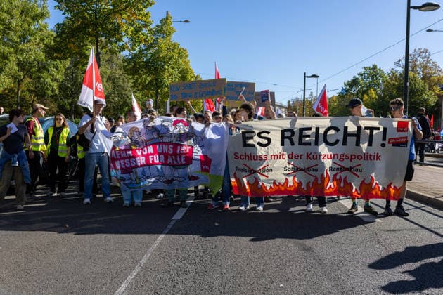 September 26, 2026, Leipzig, Saxony, Germany: Demonstrators participate in an UnkoÂ¼rzbar rally in Leipzig, Germany, on September 26, 2026, protesting cuts to social services and calling for the protection of social welfare and public services. The demonstration brought together protesters carrying banners, placards and flags as they marched through the city. Speakers and participants addressed issues including social welfare, public spending, employment, pensions, healthcare and the future of public services. The rally was part of the UnkoÂ¼rzbar campaign, which mobilizes against cuts to social services and public-sector provision in Germany. Leipzig Germany  - ZUMAc291 20260926_zip_c291_008 Copyright: xMariaxCastrox