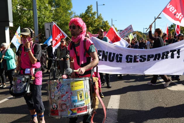 September 26, 2026, Leipzig, Saxony, Germany: Demonstrators participate in an UnkoÂ¼rzbar rally in Leipzig, Germany, on September 26, 2026, protesting cuts to social services and calling for the protection of social welfare and public services. The demonstration brought together protesters carrying banners, placards and flags as they marched through the city. Speakers and participants addressed issues including social welfare, public spending, employment, pensions, healthcare and the future of public services. The rally was part of the UnkoÂ¼rzbar campaign, which mobilizes against cuts to social services and public-sector provision in Germany. Leipzig Germany - ZUMAc291 20260926_zip_c291_005 Copyright: xMariaxCastrox