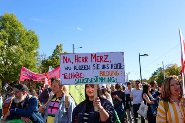 September 26, 2026, Leipzig, Saxony, Germany: Demonstrators participate in an UnkoÂ¼rzbar rally in Leipzig, Germany, on September 26, 2026, protesting cuts to social services and calling for the protection of social welfare and public services. The demonstration brought together protesters carrying banners, placards and flags as they marched through the city. Speakers and participants addressed issues including social welfare, public spending, employment, pensions, healthcare and the future of public services. The rally was part of the UnkoÂ¼rzbar campaign, which mobilizes against cuts to social services and public-sector provision in Germany. Leipzig Germany - ZUMAc291 20260926_zip_c291_007 Copyright: xMariaxCastrox