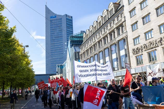September 26, 2026, Leipzig, Saxony, Germany: Demonstrators participate in an UnkoÂ¼rzbar rally in Leipzig, Germany, on September 26, 2026, protesting cuts to social services and calling for the protection of social welfare and public services. The demonstration brought together protesters carrying banners, placards and flags as they marched through the city. Speakers and participants addressed issues including social welfare, public spending, employment, pensions, healthcare and the future of public services. The rally was part of the UnkoÂ¼rzbar campaign, which mobilizes against cuts to social services and public-sector provision in Germany. Leipzig Germany  - ZUMAc291 20260926_zip_c291_018 Copyright: xMariaxCastrox
