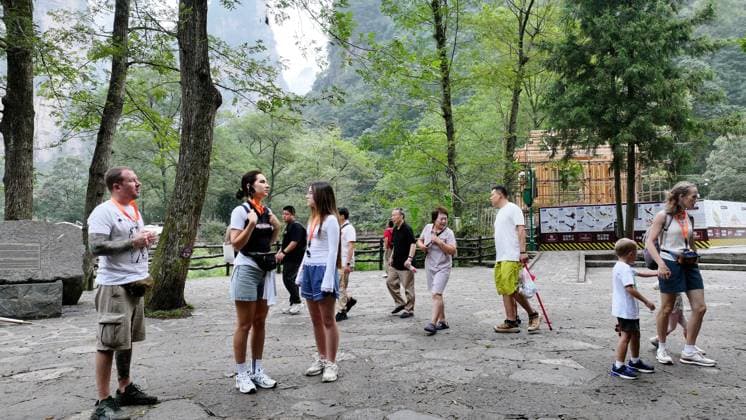 ZHANGJIAJIE, CHINA - SEPTEMBER 26: Tourists visit Zhangjiajie National Forest Park to enjoy the natural scenery during the Mid-Autumn Festival holiday on September 26, 2026 in Zhangjiajie, Hunan Province of China. The park features unique quartz-sandstone peak landforms that attract domestic and international visitors.  Copyright: xVCGx 111669753041