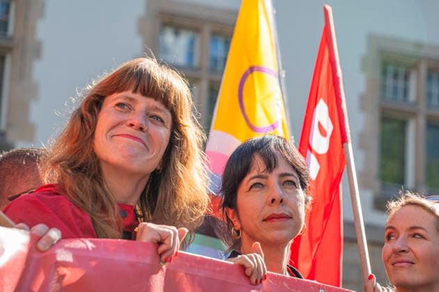 Kerstin Wolter, Elif Eralp, Ines Schwerdtner, EUR, Germany, Berlin, September 26, 2026 Kerstin Wolter, Elif Eralp, Ines Schwerdtner Die Linke Party bloc Nationwide social protests organized by the DGB and its member unions under the slogan You’ve Earned It: Your Work, Your Health, Your Pension