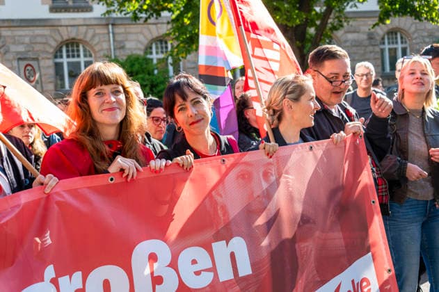 Kerstin Wolter, Elif Eralp, Ines Schwerdtner, EUR, Germany, Berlin, September 26, 2026 Kerstin Wolter, Elif Eralp, Ines Schwerdtner The Left Party bloc Nationwide social protests organized by the DGB and its member unions under the slogan You’ve Earned It: Your Work, Your Health, Your Pension