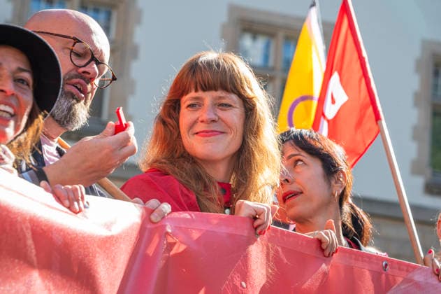 Kerstin Wolter, Elif Eralp, Ines Schwerdtner, EUR, Germany, Berlin, September 26, 2026 Kerstin Wolter, Elif Eralp, Ines Schwerdtner Die Linke Party bloc Nationwide social protests organized by the DGB and its member unions under the slogan You’ve Earned It: Your Work, Your Health, Your Pension