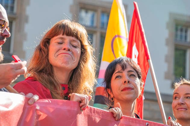 Kerstin Wolter, Elif Eralp, Ines Schwerdtner, EUR, Germany, Berlin, September 26, 2026 Kerstin Wolter, Elif Eralp, Ines Schwerdtner Die Linke Party bloc Nationwide social protests organized by the DGB and its member unions under the slogan You’ve Earned It: Your Work, Your Health, Your Pension