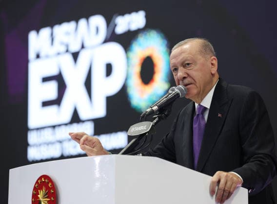 Turkish President Recep Tayyip Erdogan ISTANBUL, TURKIYE - SEPTEMBER 26: (----EDITORIAL USE ONLY - MANDATORY CREDIT - TURKISH PRESIDENCY MURAT KULA HANDOUT - NO MARKETING NO ADVERTISING CAMPAIGNS - DISTRIBUTED AS A SERVICE TO CLIENTS----) Turkish President Recep Tayyip Erdogan delivers a speech during the closing program of the 21st MUSIAD Expo International Trade Fair and the 29th International Business Forum at the Istanbul Expo Center in Istanbul, Turkiye, on September 26, 2026. TUR Presidency Murat Kula Handout Anadolu Istanbul Turkey. Editorial use only. Please get in touch for any other usage.  Copyright: x2026xAnadoluxTURxPresidencyx xMuratxKulax xHandoutx