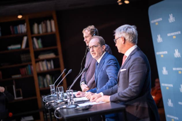 Jim O’Callaghan, Minister for the Interior of the Republic of Ireland and President of the EU Council, Alexander Dobrindt, German Federal Minister of the Interior, Magnus Brunner, EU Commissioner for Home Affairs and Migration (from left) during the opening remarks at the 2nd Munich Migration Meeting—a gathering of European ministers on implementing the migration