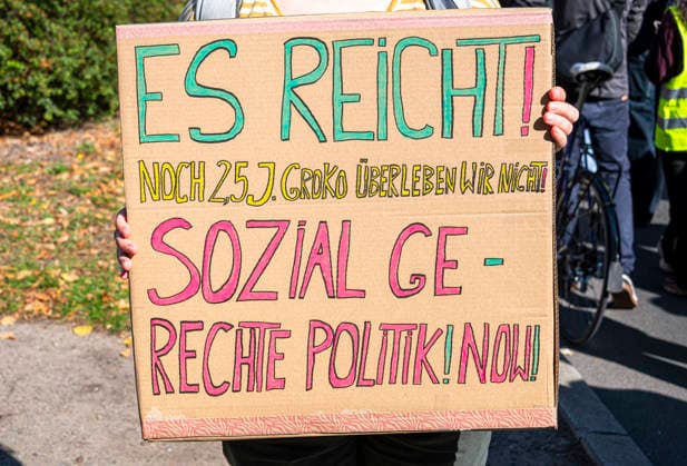 Social protests organized by the DGB EUR, Germany, Berlin, September 26, 2026 There’s Enough for Everyone, and Merz Must Go —posters, banners, and slogans against the federal government’s cuts to social benefits. Cutting Social Benefits —nationwide social protests organized by the DGB and its member unions under the slogan You’ve Earned It: Your Work, Your Health, Your Pension
