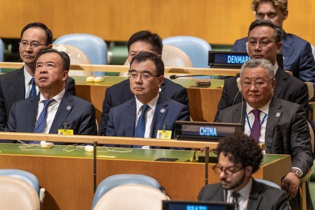 September 26, 2026, Bronx, New York, USA: Chinese delegation attends as Vice President of People s Republic of China Han Zheng speaks during General Debates on day 5 of UN General Assembly 81 at UN headquarters in New York, NY on September 26, 2026. First row: Zhao Fengtao, Vice-Chairman of the China International Development Cooperation Agency; Liu Bin, Assistant Minister of Foreign Affairs and Director-General of the Department of Eurasian Affairs; Ambassador Fu Cong. Bronx USA - ZUMAr339 20260926_znp_r339_008 Copyright: xLevxRadinx