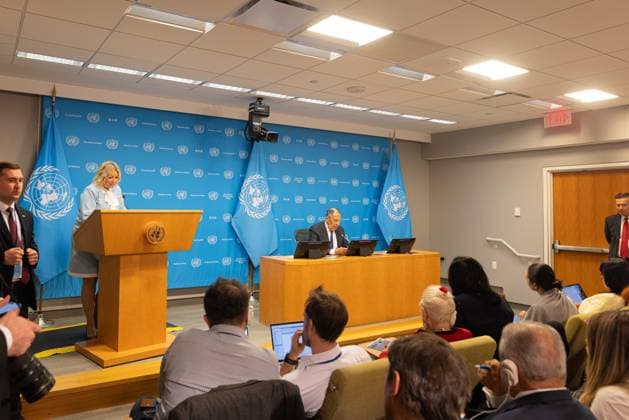 September 26, 2026, New York City, USA: Russian Foreign Minister Sergey Lavrov speaks during a press briefing following his address to the 81st session of the United Nations General Assembly at the UN Headquarters in New York City. New York City USA - ZUMAl194 20260926_zip_l194_041 Copyright: xMarekxLadzinskix