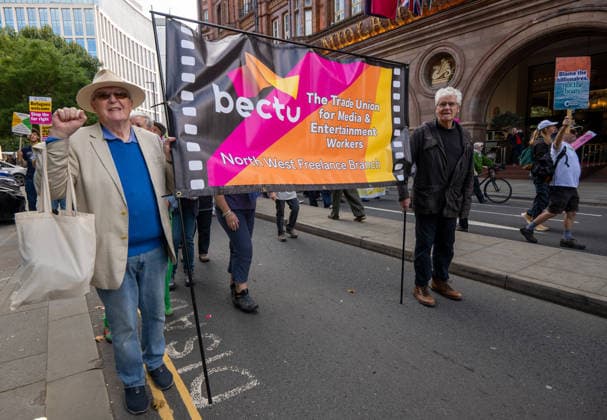 September 26, 2026, Manchester, United Kingdom: Protesters hold a Bectu union banner during the rally. Activists in Manchester march for Stand Up To Racism against the far right. In addition to anti-racist slogans promoting diversity and migrant rights, demonstrators carried banners of the RNLI (Royal National Lifeboat Institution) following recent Patriot Platform protests. The broad coalition of trade unions, community groups, and political organisations featured prominent banners from BECTU (Broadcasting, Entertainment, Communications and Theatre Union) and Jewish Voice for Labour (JVL). Manchester, United Kingdom. Manchester United Kingdom - ZUMAs197 20260926_aaa_s197_216 Copyright: xGaryxRobertsx